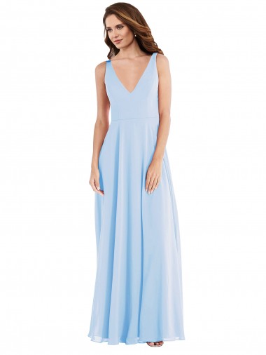Long Sleeveless Soft Chiffon Light Sky Blue V-Neck A-Line Semi Formal Evening Dress / Bridesmaid Dress Colchester