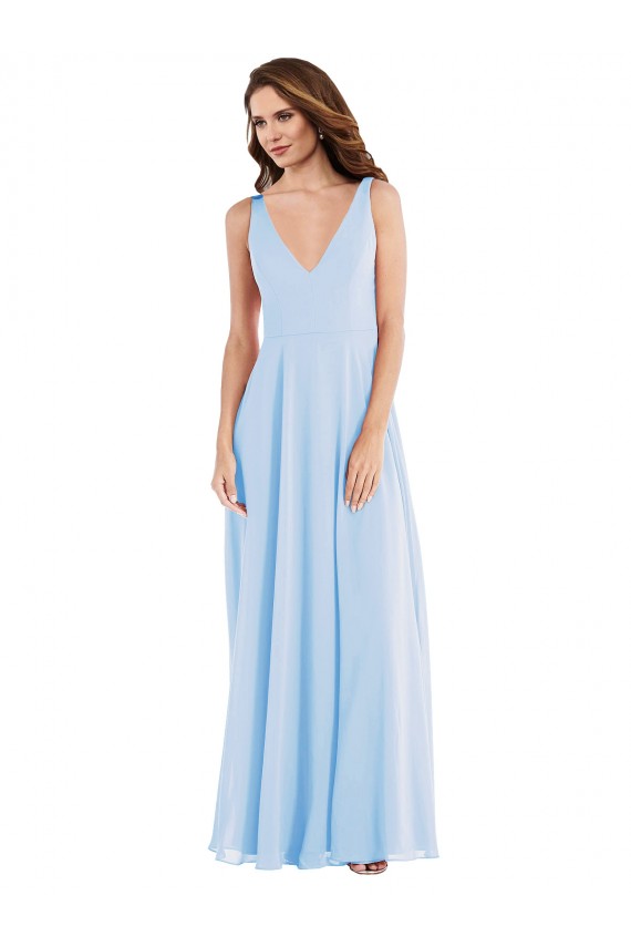 Long Sleeveless Soft Chiffon Light Sky Blue V-Neck A-Line Semi Formal Evening Dress / Bridesmaid Dress Colchester
