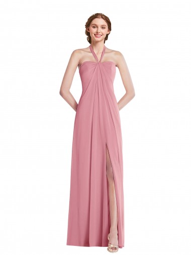 Long Sleeveless Soft Chiffon Skin Pink Halter Neck A-Line Semi Formal Evening Dress / Bridesmaid Dress Colchester