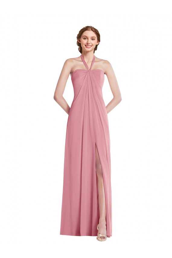 Long Sleeveless Soft Chiffon Skin Pink Halter Neck A-Line Semi Formal Evening Dress / Bridesmaid Dress Colchester