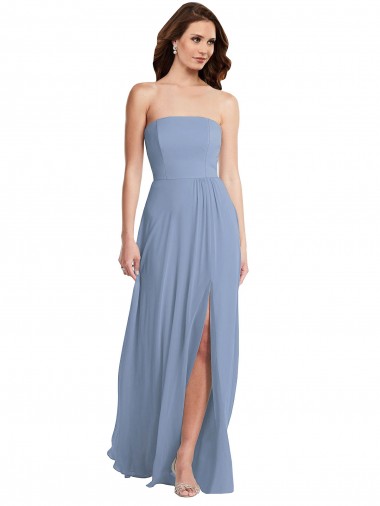 Long Sleeveless Soft Chiffon Dusty Blue Strapless A-Line Semi Formal Evening Dress / Bridesmaid Dress Colchester