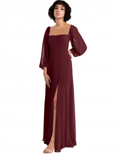 Long Long Sleeves Chiffon Burgundy Gold A-Line Bridesmaid Dress / Evening Dress Colchester