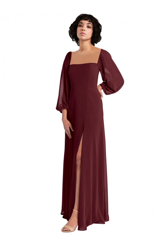 Long Long Sleeves Chiffon Burgundy Gold A-Line Bridesmaid Dress / Evening Dress Colchester
