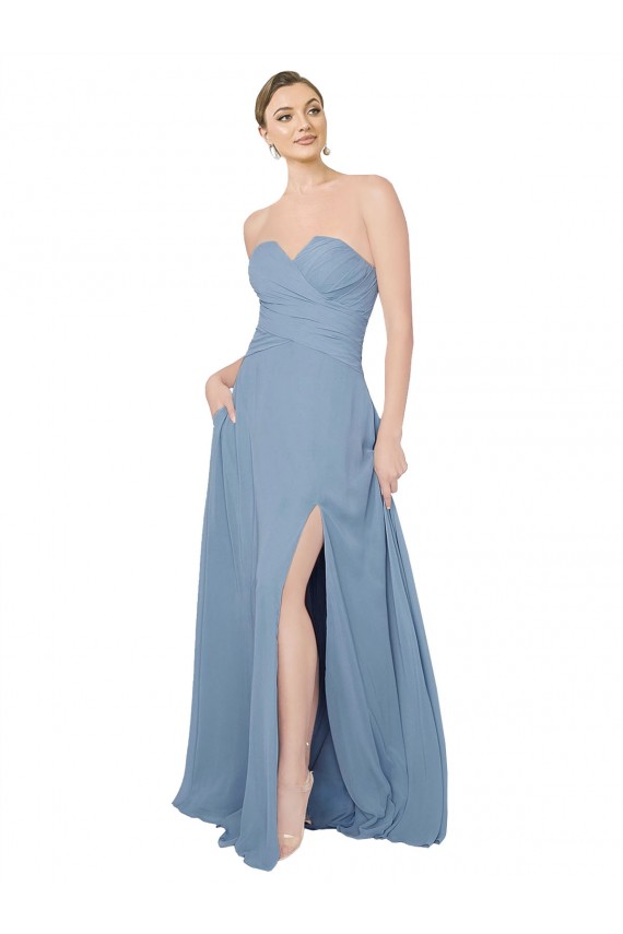 Long Sleeveless Chiffon Dusty Blue Sweetheart A-Line Bridesmaid Dress / Evening Dress Colchester