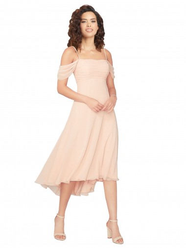 Midi Length Cold Shoulder Soft Chiffon Ice Pink A-Line High Low Bridesmaid Dress Colchester