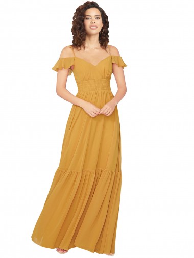 Long Cold Shoulder Soft Chiffon Saffron A-Line Bridesmaid Dress Colchester