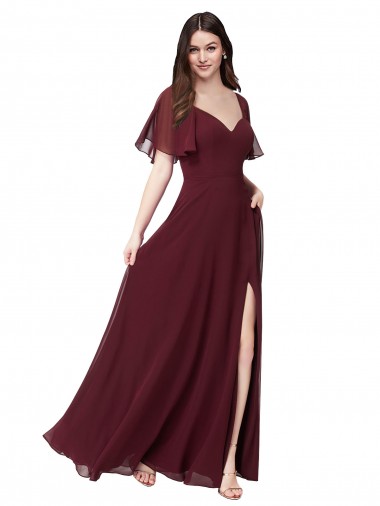 Long Short Flutter Sleeves Soft Chiffon Burgundy Gold A-Line Formal Dress / Bridesmaid Dress Colchester