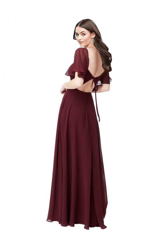 Long Short Flutter Sleeves Soft Chiffon Burgundy Gold A-Line Formal Dress / Bridesmaid Dress Colchester