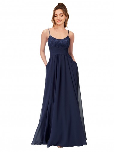 Long Sleeveless Soft Chiffon & Lace Dark Navy Scoop Neck A-Line Bridesmaid Dress Colchester