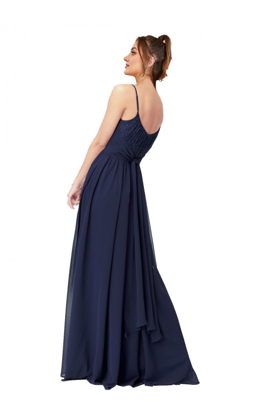 Long Sleeveless Soft Chiffon & Lace Dark Navy Scoop Neck A-Line Bridesmaid Dress Colchester