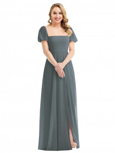 Long Puff Sleeves Soft Chiffon Slate Grey A-Line Semi Formal Evening Dress / Bridesmaid Dress Colchester