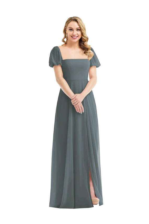 Long Puff Sleeves Soft Chiffon Slate Grey A-Line Semi Formal Evening Dress / Bridesmaid Dress Colchester