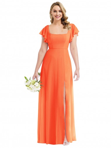 Long Flutter Sleeves Soft Chiffon Tangerine Tango A-Line Semi Formal Evening Dress / Bridesmaid Dress Colchester