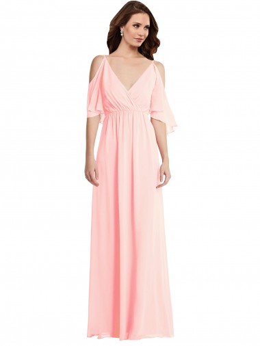 Long Cold Shoulder Soft Chiffon Pink A-Line Semi Formal Evening Dress / Bridesmaid Dress Colchester