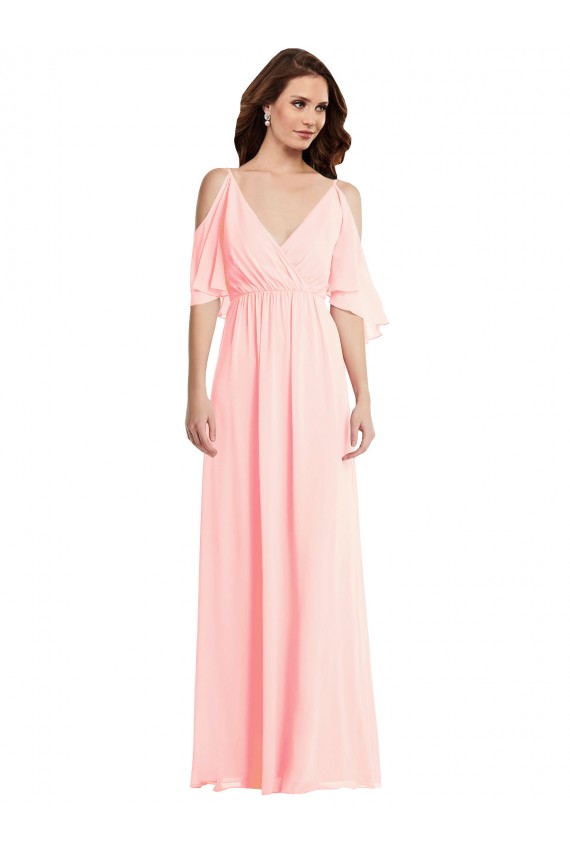 Long Cold Shoulder Soft Chiffon Pink A-Line Semi Formal Evening Dress / Bridesmaid Dress Colchester