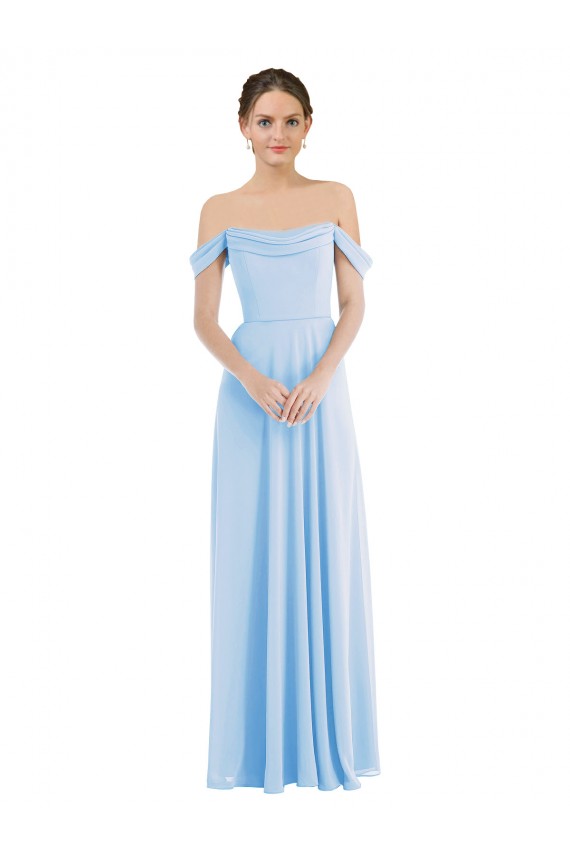 Long Sleeveless Soft Chiffon Light Sky Blue Off the Shoulder A-Line Formal Evening Gown / Bridesmaid Dress Colchester