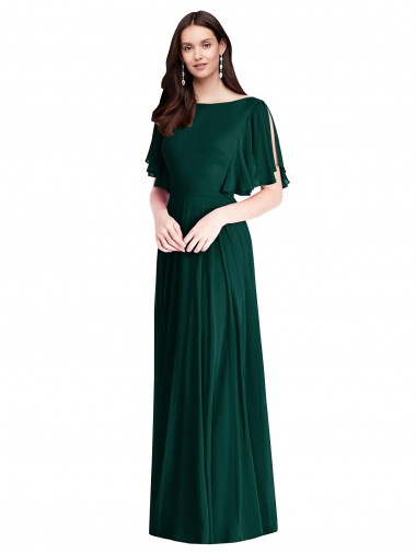 Long Bell Sleeves Soft Chiffon Ever Green A-Line Semi Formal Evening Dress / Bridesmaid Dress Colchester