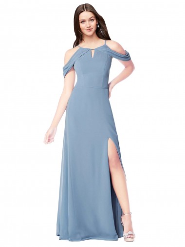 Long Sleeveless Soft Chiffon Dusty Blue Off the Shoulder A-Line Evening Dress / Bridesmaid Dress Colchester