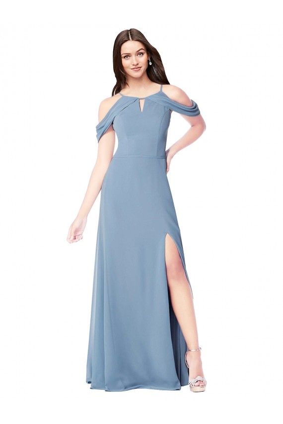 Long Sleeveless Soft Chiffon Dusty Blue Off the Shoulder A-Line Evening Dress / Bridesmaid Dress Colchester
