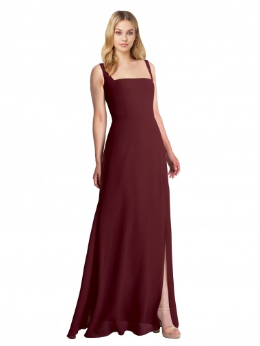 Long Sleeveless Soft Chiffon Burgundy Gold Square Neck A-Line Bridesmaid Dress Colchester