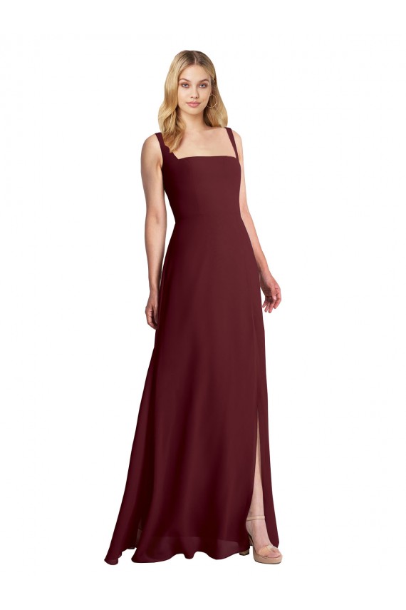Long Sleeveless Soft Chiffon Burgundy Gold Square Neck A-Line Bridesmaid Dress Colchester