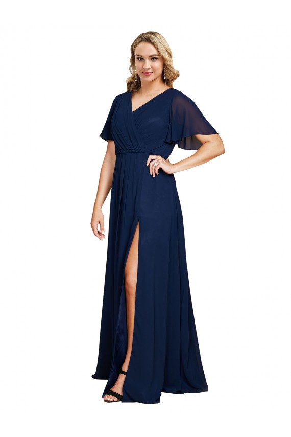 Long Short Flutter Sleeves Soft Chiffon Dark Navy A-Line Formal Plus Size Evening Gown / Prom Dress / Bridesmaid Dress Colchester