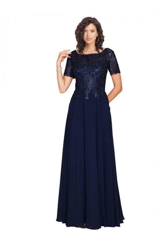 Short Sleeves Long Soft Chiffon Dark Navy A-Line Prom Dress / Bridesmaid Dress Colchester