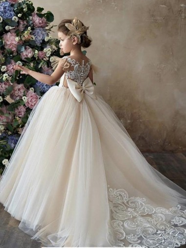 Chapel Train Sleeveless Tulle & Lace Champagne Ball Gown Flower Girl Dresses Colchester
