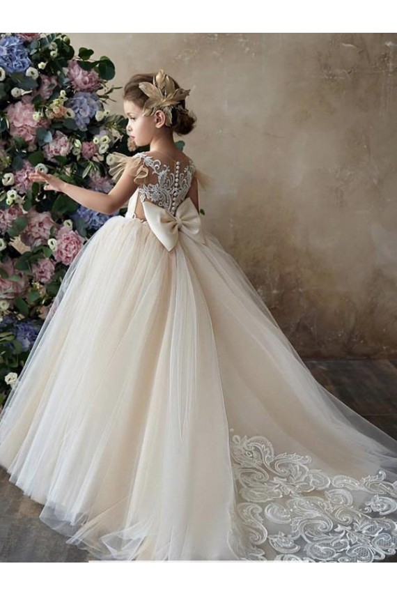 Chapel Train Sleeveless Tulle & Lace Champagne Ball Gown Flower Girl Dresses Colchester