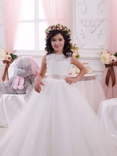 Chapel Train Sleeveless Tulle & Lace Ivory Ball Gown Flower Girl Dress Colchester