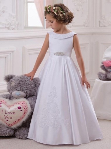 Long Sleeveless Satin & Lace Ivory Ball Gown Flower Girl Dresses Colchester