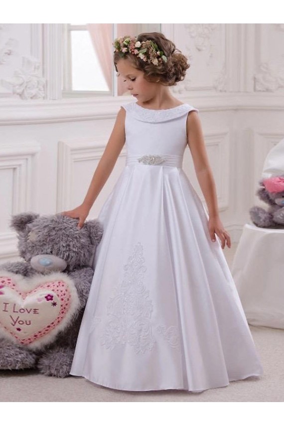 Long Sleeveless Satin & Lace Ivory Ball Gown Flower Girl Dresses Colchester