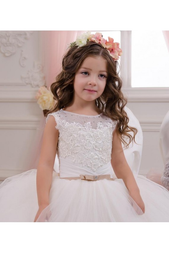 Chapel Train Sleeveless Tulle & Lace Ivory Ball Gown Flower Girl Wedding Dress Colchester