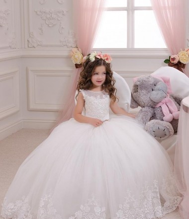 Chapel Train Sleeveless Tulle & Lace Ivory Ball Gown Flower Girl Wedding Dress Colchester