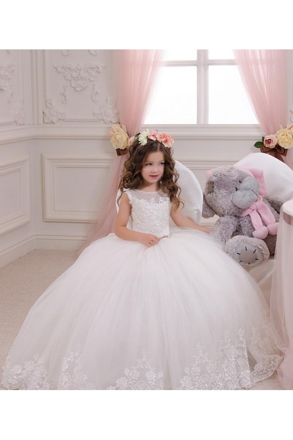 Chapel Train Sleeveless Tulle & Lace Ivory Ball Gown Flower Girl Wedding Dress Colchester