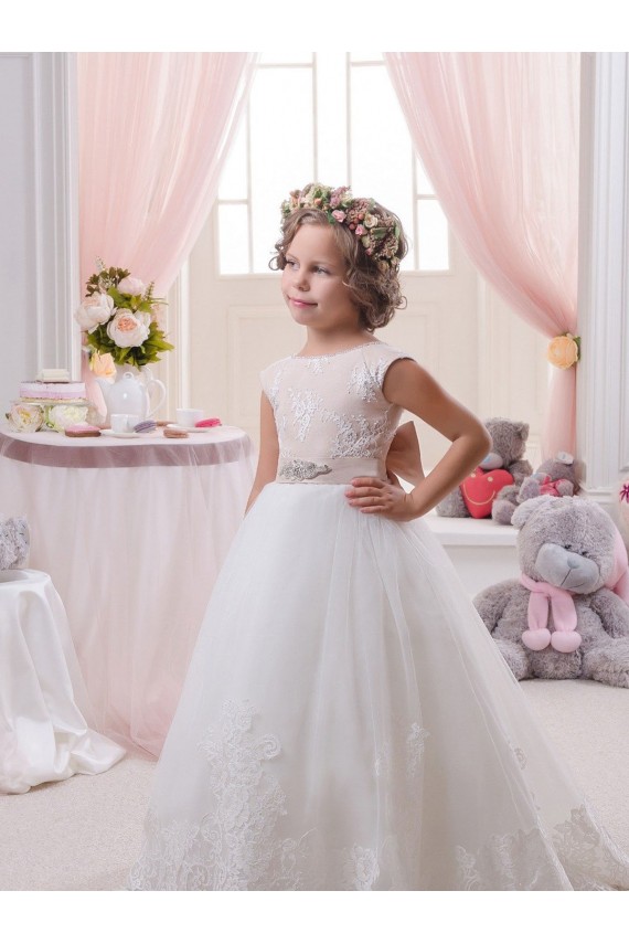 Chapel Train Sleeveless Tulle & Lace Ivory Ball Gown Flower Girl Dresses Colchester