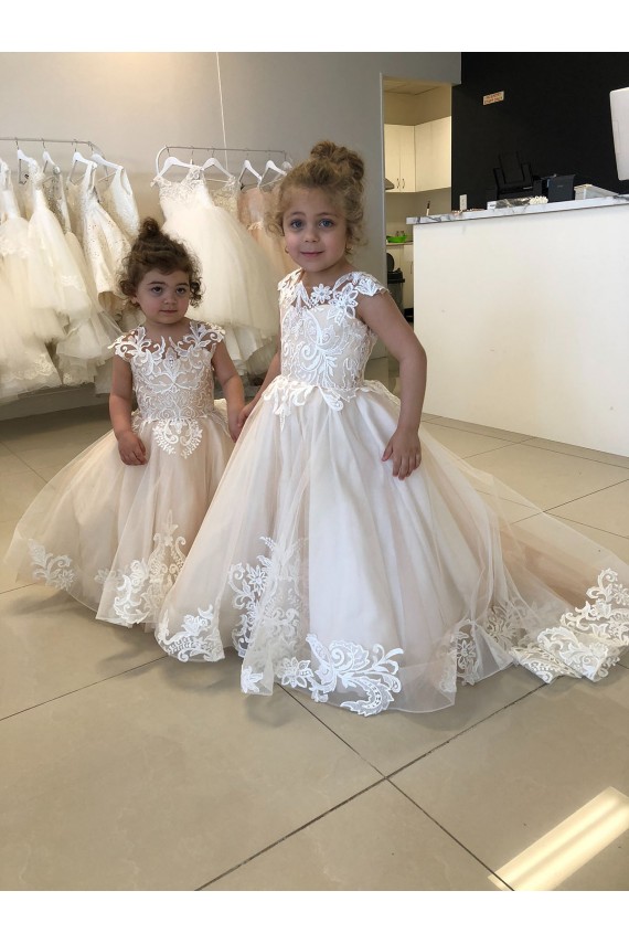 Chapel Train Sleeveless Tulle & Lace Ivory Ball Gown Little Flower Girl Dress Colchester