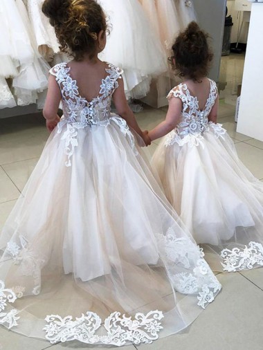 Chapel Train Sleeveless Tulle & Lace Ivory Ball Gown Little Flower Girl Dress Colchester