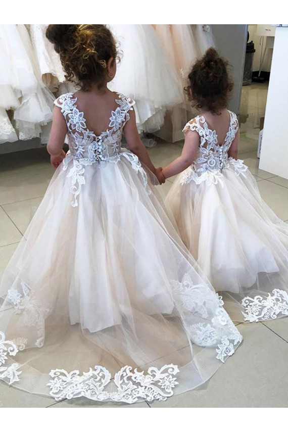 Chapel Train Sleeveless Tulle & Lace Ivory Ball Gown Little Flower Girl Dress Colchester