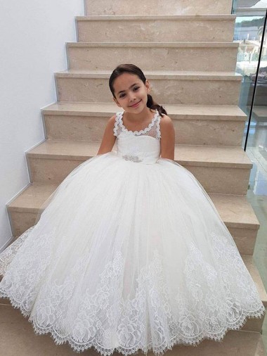 Long Sleeveless Tulle & Lace Ivory High Neck Ball Gown Flower Girl Dress for Wedding Colchester