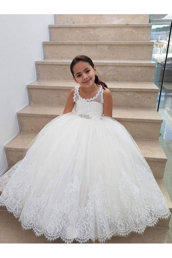 Long Sleeveless Tulle & Lace Ivory High Neck Ball Gown Flower Girl Dress for Wedding Colchester
