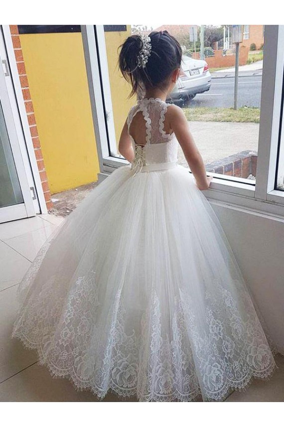Long Sleeveless Tulle & Lace Ivory High Neck Ball Gown Flower Girl Dress for Wedding Colchester