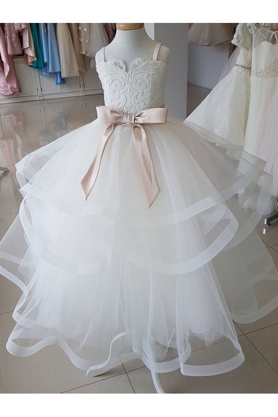Long Sleeveless Tulle & Lace Ivory Ball Gown Flower Girl Wedding Dress Colchester