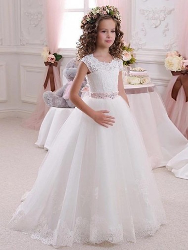 Long Cap Sleeves Tulle & Lace Ivory Ball Gowns Flower Girl Dress Colchester