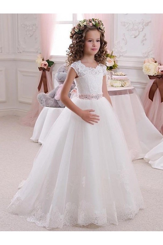 Long Cap Sleeves Tulle & Lace Ivory Ball Gowns Flower Girl Dress Colchester