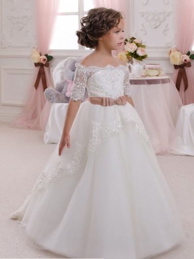 Short Sleeves Long Tulle & Lace Ivory Ball Gown Flower Girl Dresses Colchester