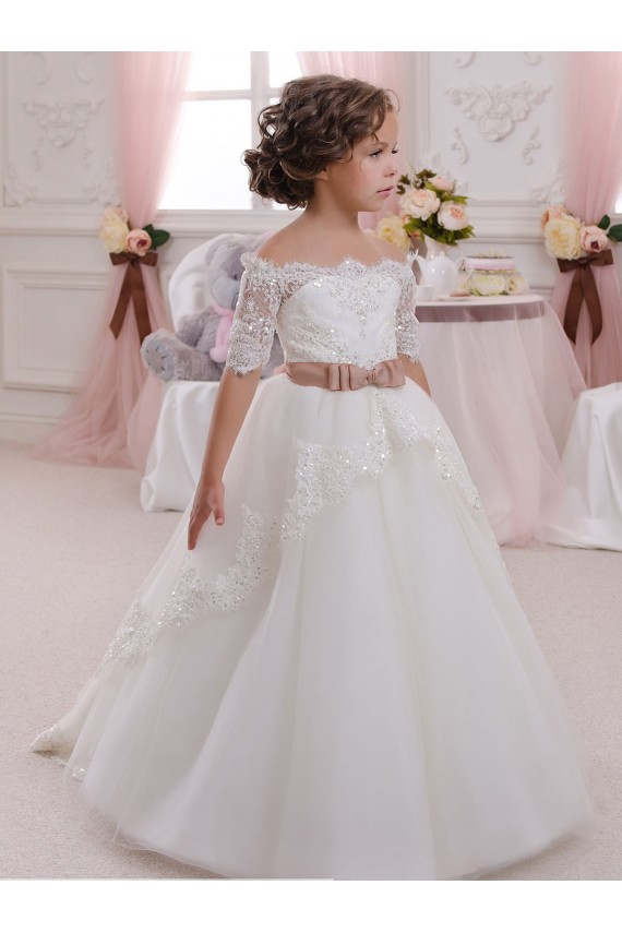 Short Sleeves Long Tulle & Lace Ivory Ball Gown Flower Girl Dresses Colchester