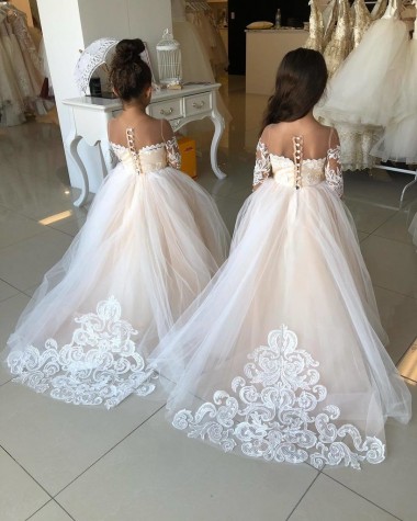 Chapel Train Long Sleeves Tulle & Lace Ivory Ball Gown Little Flower Girl Dress Colchester