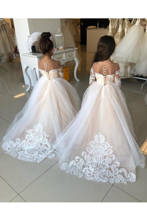 Chapel Train Long Sleeves Tulle & Lace Ivory Ball Gown Little Flower Girl Dress Colchester