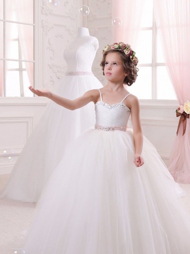 Chapel Train Sleeveless Tulle Ivory Ball Gown Flower Girl Dress Colchester